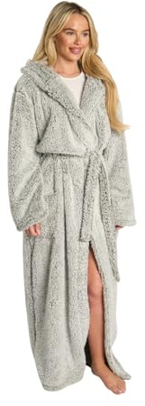 OHS Dressing Gown Womens Teddy Marl, Super Soft Warm Hooded Full Length Unisex Dressing Gown with Pockets Oversized Adult Bathrobe for Loungewear & Sleepwear, Green - One Size