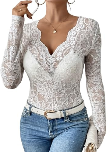 LEBOOBELL Blusas de Encaje para Mujer, Camisetas Y2K con Cuello en V Transparentes con Malla Floral y Manga Larga Blanco M
