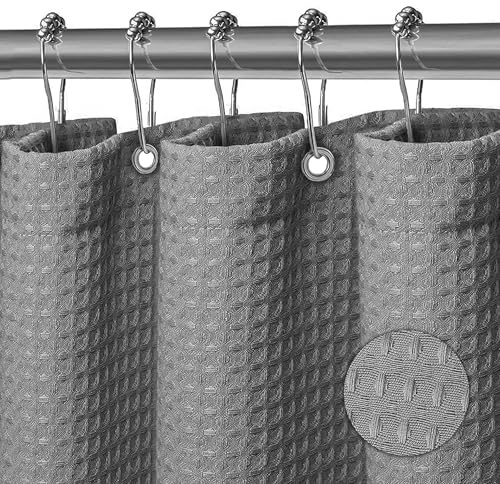 KAIMEIYU Shower Curtain Polyester Bath Curtains Heavy Duty with 12 Metal Hooks Bathroom Curtain Washable Waterproof for Bathtub and Bathroom 180 x 180 cm Waffle Design Grey