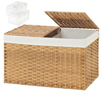 Wicker Storage Basket with 2 Separate Lid, 65L Wicker Storage Trunk With 2 Removable Liner , Foldable Rattan Woven Storages Box with Handles, for Bedroom, Laundry Room, Natural (Natural, 56x33x35cm)