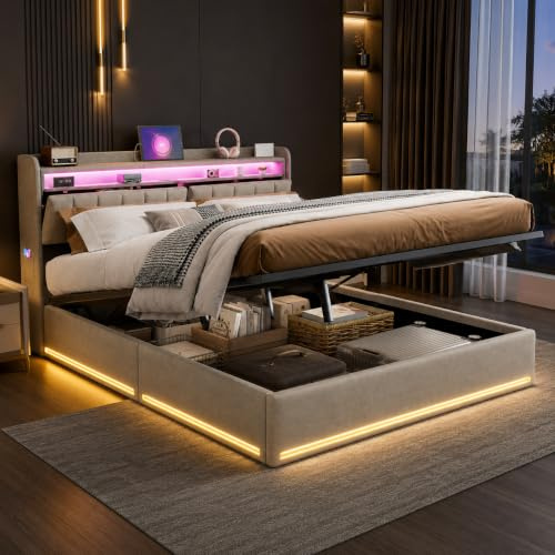 WOBOPCG Letto Matrimoniale Imbottito 140x190 cm, Letto con Contenitore Idraulico LED Matrimoniale con Funzione di Carica, Letto Funzionale con Comodino con Funzione di Carica, Letto con Contenitore