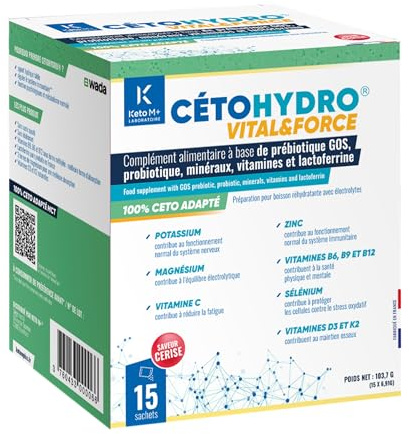 CETOHYDRO® Hydratation Active – Électrolytes, GOS, Lactoferrine, Boulardii – Vitamines D3 K2 B6 B9 B12 – Sans Sucre – Immunité, Digestion & Énergie – 15 Sachets Cerise