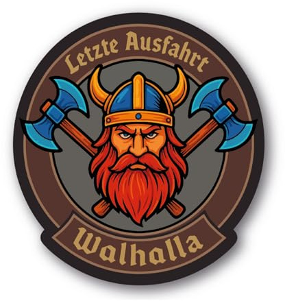 Walhalla Aufkleber Viking Sticker Wikinger und Äxten | Letzte Ausfahrt Walhalla Aufkleber Spruch | Retro Cartoon Stil, laminierter Digitaldruck | Stickerfreaks | 6,5x6cm (S)