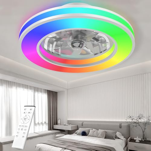 Dslive Ceiling Fans with Lights, 42CM Smart Remote Control Fan Light, 6-Speed Quiet Reversible Motor, 7 Color RGB Mode & 3000K-6500K Dimmable White Light, for Bedroom Living Room