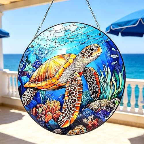 DHER Handgefertigter Sonnenfänger Schildkröte Buntglas Fensterschmuck | Sonnenfänger Acryl Suncatcher mit Eisenkette als Dekoration für Garten, Fenster, Innen und Außenbereich (Meeresschildkröten)