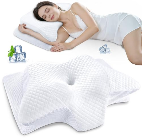 SAHEYER Nackkudde huvudkudde, 2-i-1 minnesskumkudde, ergonomisk nackstödskudde, sovkudde för rygg-, sido- och magsovare, 60 x 35,5 x 13/10 cm, vit