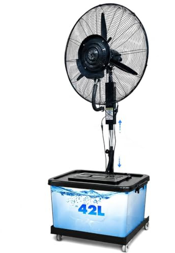 Qwerjkl Ventilador Nebulizador Industrial de Pie 42L, Ventilador de Agua para Exterior Larga Distancia con Ruedas, 3 Velocidades y Oscilación 90°, Ideal para Terraza, Patio, Garaje, Taller