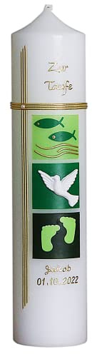 Taufkerze für Mädchen Jungen mit Name und Datum beschriftet Kommunionkerze, Christliche Kerze mit Fisch Kreuz Taube Grün Patenkerzen Taufspruch Kerzengröße wählbar