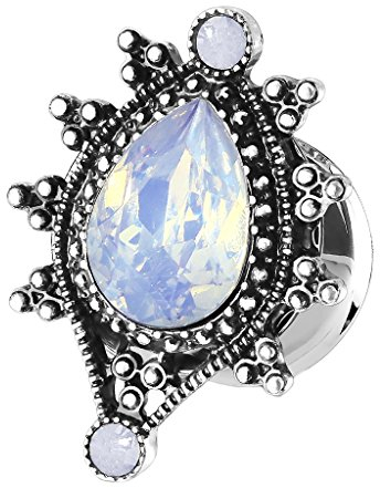 Piersando Ohr Plug Piercing Ear Flesh Tunnel Ohrpiercing Edelstahl Vintage Tribal Ethno Antik Ornament Opal Träne Oval Silber Blau 10mm