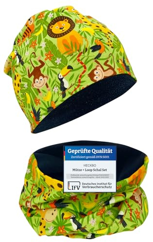 HECKBO Bonnet Jungle & Tour de Cou – Réversible 2–8 ans – Pour printemps & automne – Coton respirant – Ensemble enfant (48–54 cm)
