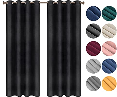 WOLTU Verdunklungsvorhang Blickdicht Samtvorhänge mit Ösen, 2 Stücke Thermogardine Ösenvorhang 300 g/m² Schwere Verdunkelungsgardinen lichtdicht für Schlafzimmer Wohnzimmer, 140x225 cm Schwarz