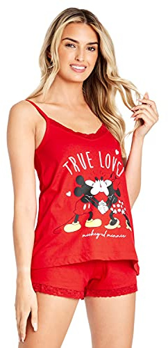 Disney Pijama Mujer Verano, Conjunto Pantalones Cortos y Camiseta Tirantes con Personajes, Moda Mujer S-XL, Pijama Stitch Minnie Cruella Marie (Rojo Minnie Mickey, L)