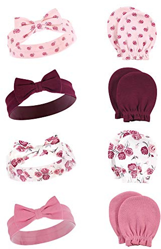 Hudson Baby baby girls Hudson Unisex Cotton Headband and Scratch Mitten Set, Rose, 0-6 Months Headwrap, Rose, Months US