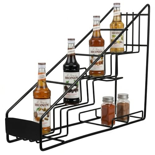 UPKOCH Coffee Syrup Bottle Rack Organiser, 4-Tier Black Wire Stainless Steel Bottle Display Stand, Narrow Kitchen Countertop Storage Holder for Wine Coffee Bar Station Accessories