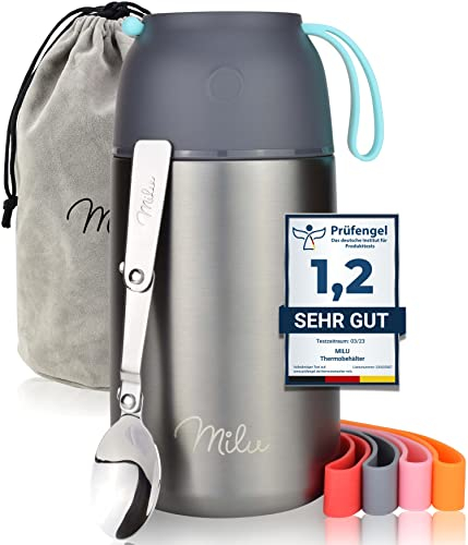 Milu® Thermobehälter für Essen 800ml, Edelstahl Warmhaltebehälter mit Löffel, Thermobecher Essen, Thermo Lunchbox für Kinder, Erwachsene, Thermobox Suppen, Babybrei, Speisebehälter Grau, 800ml