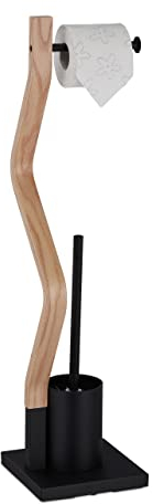 Relaxdays WC Garnitur, stehender Toilettenpapierhalter, Toilettenbürste mit Bürstenhalter, 75x18,5x18,5cm, schwarz/Natur