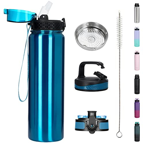 OLDLEY Stainless Steel Water Bottle with Straw 1L Vaccum Insulated Large Drink Flask Metal Water Bottles Leakproof Keep Drinks Hot Cold for Bike Sports Gym with Different Lids(Bright Blue, 3 Lids)