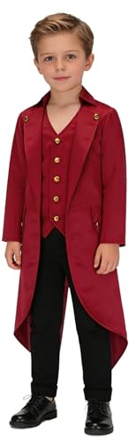 Kaerm Kids Vintage Ringmaster Tuxedo Medieval Tailcoat Jacket Long Steampunk Frock Coat for Boys Girls Red 13-14 Years