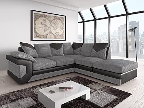 AMF'S NEW LARGE DINO CORNER SOFA JUMBO CORD GREY BLACK OR RIGHT(Grey Black right). Fire resistant as per British Standards, foam filled seats for comfort. (RIGHT ARM SIDE) (RW342)