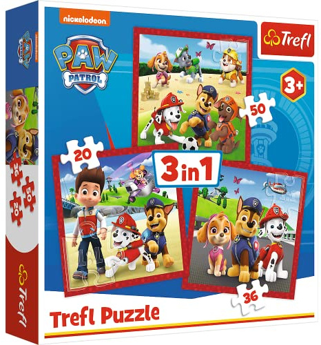 Trefl - Paw Patrol, Glada Hundar Paw Patrol - 3-I-1-Pussel, 3 Pussel, Från 20 Till 50 Element - Färgglada Pussel Med Sagokaraktärer, Olika Svårighetsgrader, Kreativ Underhållning, för Barn Från 3 År