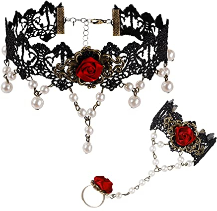 MILAKOO Gothic Choker Schwarz Spitze Halskette mit Rose Armband mit Ring Set Victorian Halskette