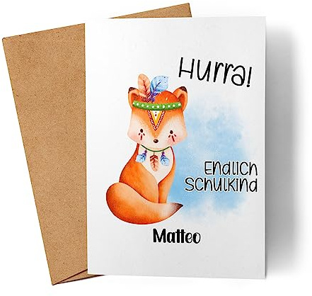 Kiddle-Design Hurra Endlich Schulkind Einschulungskarte Personalisiertes Karte zum Schulanfang Mädchen Einschulungsgeschenk Erster Schultag Elefant