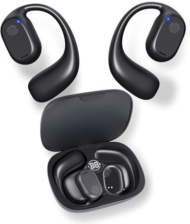 AmeFanie Open Ear Headphones, Bluetooth Wireless Headphones with Digital Display Charging Case 30 Hours Playtime True Wireless Open Ear Earbuds with Earhooks Sports Headphones for Running (black++)