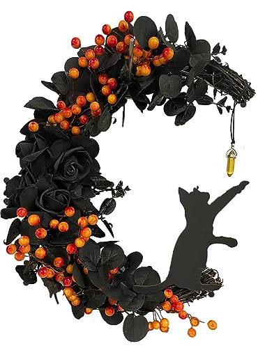Corona para puerta de Halloween, corona de luna de gato, media luna con rosa, decoración gótica para colgar, corona de puerta para todo el año, corona de Halloween, corona de otoño, decoración para