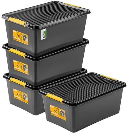 PAFEN 4x Boîte de rangement robuste 40l avec roulettes - 58x39x25cm - Bacs pour tâches spécifiques Bacs de rangement Boîtes de rangement Bacs gerbables avec clips de fermeture Bacs en plastique