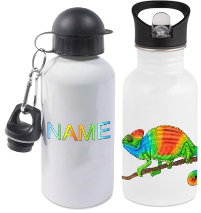 Maus-Design Trinkflasche personalisiert mit Name, Chamäleon | 400ml, 500ml oder 600ml, Schriftwahl für Name, Edelstahl oder Aluminium