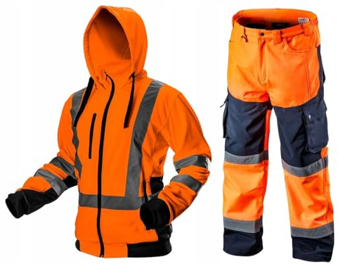 NEO TOOLS Herren Wasserdichte Arbeit Warnschutzhose + Warme Arbeit Warnjacke (Orange/Gelb) | Softshell Hose aus mit Fleece-Innenfutter, Fleecegefütterte Jacke Gr. S-XXL