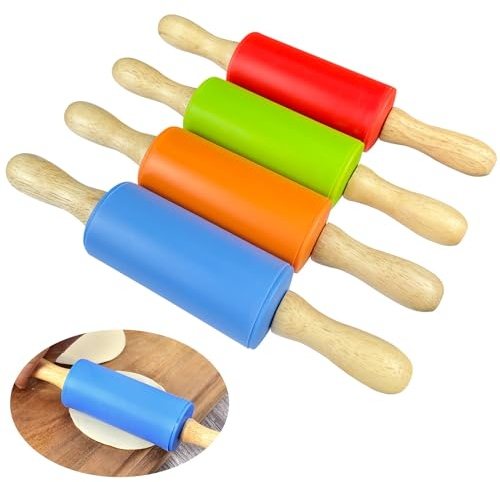4 Piezas Rolling Pin, 22cm Rodillo Cocina, Silicona Rodillo Reposteria, Mango Madera Rodillo Amasar, Rodillo Galletas Adecuado para Cocina Clase Repostería Pastelería (Rojo,Naranja,Verde,Azul)