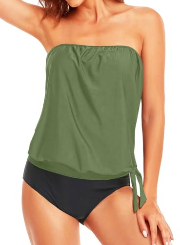 Yutdeng Tankini Sets for Women UK Two Pieces Women's Bandeau Tankinis Swimwear with Shorts Brief Strapless Bathing Suits Blouson Swimsuit Loose Fit Swimming Costume