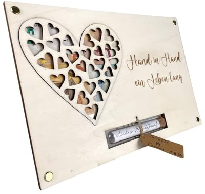 Geldgeschenk Hochzeit Herz aus Holz | Einzigartiges Hochzeitsgeschenk für Brautpaar | Paargeschenk | Hochzeits-Geldgeschenk | Flitterwochen-Geschenk | Personalisierbar im Reagenzglas