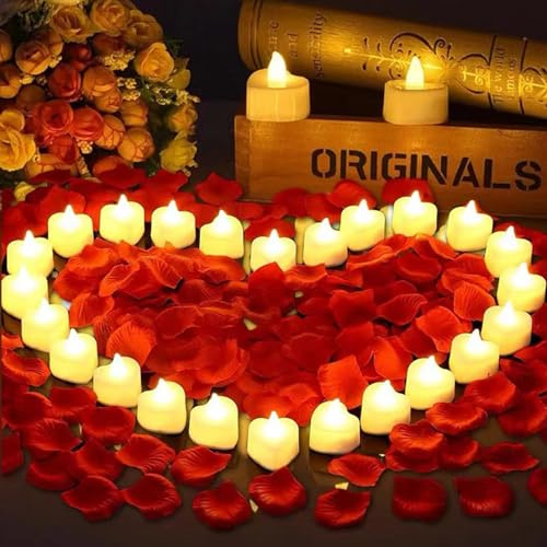 Editbar Lot de 24 Bougies Chauffe-Plat LED en Forme de Cœur - 2000 Pétales de Rose Artificiels - Bougies Sans Flamme Romantiques - Convient pour la