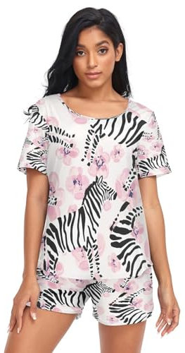 HMZXZ Damen Schlafanzug-Set afrikanisch Zebra Blumen Sommer Pyjama Woman Set,Zebra Blumen Loungewear und Shorts Lounge Set Sleepwear Nachtwäsche