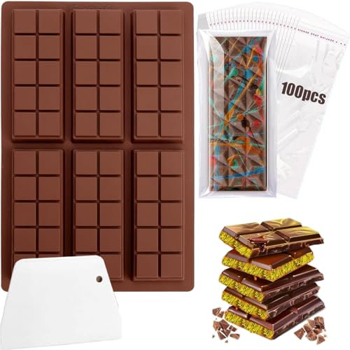 Stampo per cioccolato in silicone 6 cavità, antiaderente e senza BPA, perfetto per tavolette di cioccolato, praline,barrette energetiche, torte e gelatine (uno stampo con 100 sacchetti, un raschietto)