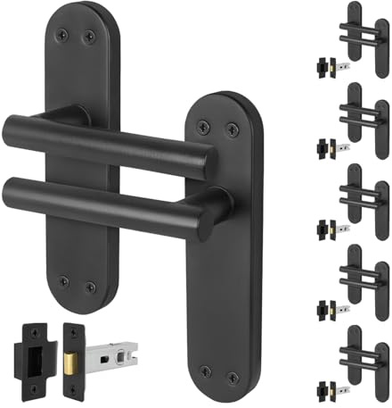 EAI Matt Black Door Handles with Latch 64mm, 6 Pack - Oliena | Complete Latch Kit with 6 Pairs of T-Bar Lever on Backplate Door Handles, 64mm Latches, Fixings Included