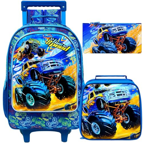UFNDC 4PCS Rolling Backpack for Boys, Cute Kids Truck Wheeled Bookbag，Roller School Bag with Wheels for Elementary Preschool Travel