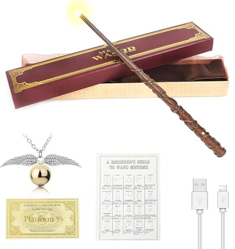 FGJCJ Hermine Zauberstab, 37CM Zauberstab Hermine Granger mit Licht, USB Aufladung Glühen Hermine Granger Zauberstab in Geschenkbox mit Zauberspruch-Karte, Stationsticket und Halskette