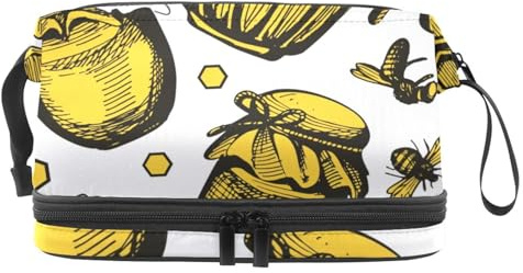 Yellow Bee Trousse de toilette double couche en nid d'abeille et pot à miel pour femme et fille avec compartiment à brosse, multicolore, 27x15x14 cm/10.6x5.9x5.5 in, Trousse de toilette