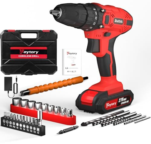 Cordless Drill Driver 21V, Handheld Screwdriver Combi Drill Set with Battery and Charger, 3/8'' Keyless Chuck, 45Nm, 25+1 Torque, 29pcs Accessories & LED Light for Home and Garden DIY, Red