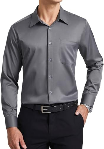 Enlision Mens Long Sleeve Grey Shirt 4-Way Stretch Button Down Dress Shirts Non Iron Formal Business Wedding Office Regular Fit with Pocket L