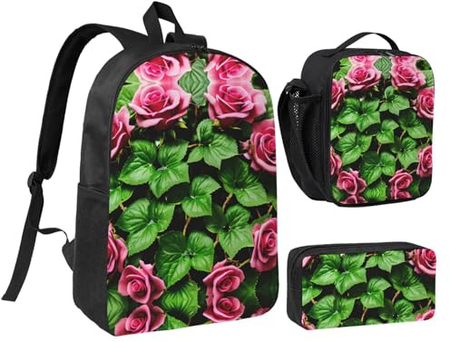 YQxwJL Lot de 3 sacs à dos à motif floral rose lierre avec feuilles et trousse à crayons pour voyage, travail, camping unisexe
