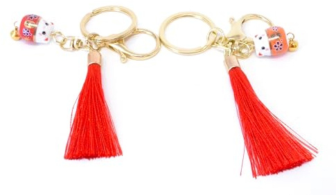 WONDERFUL Set de 2 Llaveros Maneki-Neko, Gato de la Suerte Japonés, Cerámica con Cascabel, Cuerda Multicolor
