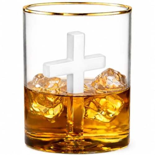 MONARCH CRYSTAL Christian Gift for Men, Crucifix Cross Glass with Gold Rim, Unique Jesus Gift, Religious Drinking Glass, Handcrafted Borosilicate Tumbler for Dad, Husband & Whiskey Lovers