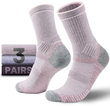 Juclise Merinowolle Wandersocken Kompression Anti Blasen Gepolstert Wollsocken Anti-Schweiß Atmungsaktiv Trekkingsocken Damen (DE/NL/SE/PL, Numerisch, 35, 38, Pflaumenmeliert + Flieder + Taro Mochi)