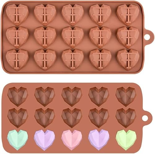 Love Heart Silicone Mold, 2 Pcs 15 Cavity Diamond Heart Shape Silicone Chocolate Moulds 3D Love Diamond Wax Melt Moulds,Silicone Mould for Handmade DIY Cake Chocolate Jelly Ice Cube