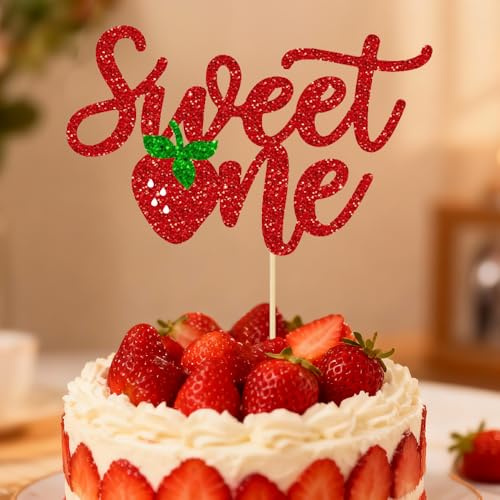 Strawberry Cake Decorations, Strawberry Birthday Decorations, HSC Strawberry 1st Birthday Glitter Cake Topper With Sweet One for Fruit Theme Baby Shower, Kids Party Party Decorations Supplies