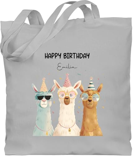 Geschenk mit Namen personalisiert by Shirtracer - Baumwolltasche - Tasche bedruckt - Alpakas Happy Birthday mit Name personalisiert I Alpaka Geschenk Lama Geschenkidee Geburtstag